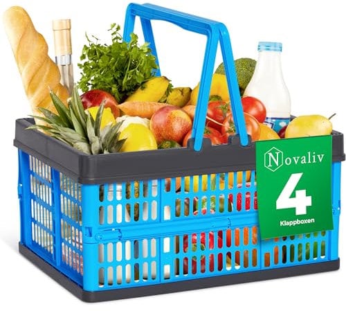 Novaliv Lot de 4 boîtes de rangement pliables bleues de 16 l avec anses - Panier à provisions polyvalent - Boîte de rangement pratique