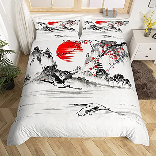 Juego de cama de estilo japonés Ukiyo funda nórdica de 220 x 240 cm niño niña Kitagawa tinta de tinta Juego de cama japonés, estilo exótico, ropa de cama dormitorio gris blanco rojo