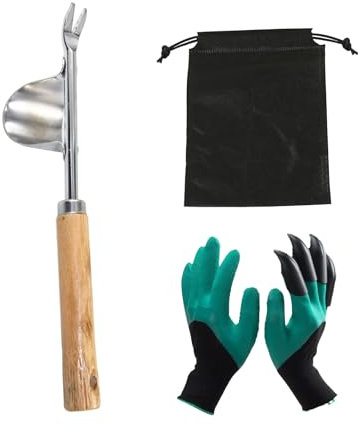 TECKI Unkraut Werkzeug Set - 1x Manueller Unkrautvernichte + 1 Paar Garten Handschuhe (Schwarz Und Grün),Gartengeräte zum Entfernen von Weed, Graben Lockern Umpflanzen