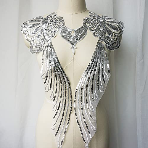 1 Set Silber Pailletten Stickerei Spitze Applikation Nähen Blume Stoff Nähen Kragen Patch Hochzeitskleid Brautkleid DIY