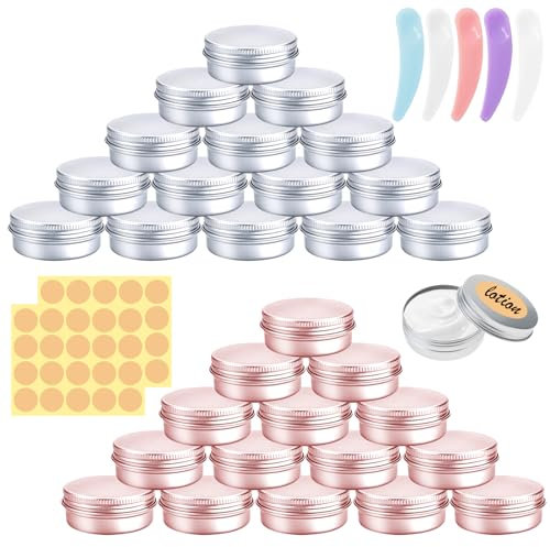 Zeuwets 30 Piezas Tarros de Aluminio, 15ml Contenedores Cosmético de Viaje, Envases de Vacío Pequeños, Latas Aluminio con Tapas, Mini Espátulas y Etiquetas para Cosmética Crema Loción (Plateado/Rosa)