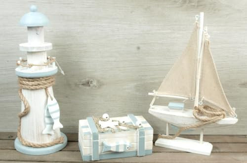 3tlg. Deko Set - Leuchtturm, Segelboot, kleine Truhe mit Fisch - Boot maritime Badezimmer Dekoration Serie hellgrau
