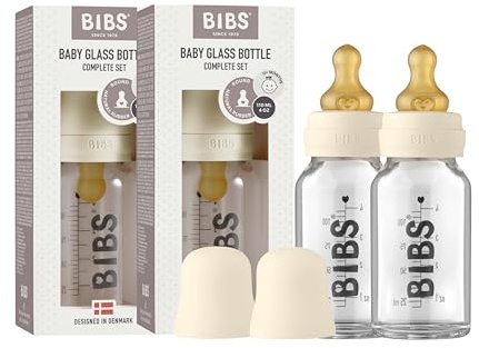 BIBS Glass Baby Bottle Complete Set, 225 ml, 2-Pack, Latex, Ivory | Anti-Colic | Natural Rubber Latex Teat | Complete Bottle Set | Supports Breastfeeding | Made in Denmark