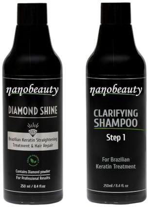 Nanobeauty Brazilian Keratin Hair Straightening Treatment Kit, Diamond Infused, 250ml, Vegan, Blow Dry, Smoothing/Repair, Arganöl, Formaldehyd Free Plus 250ml Shampoo