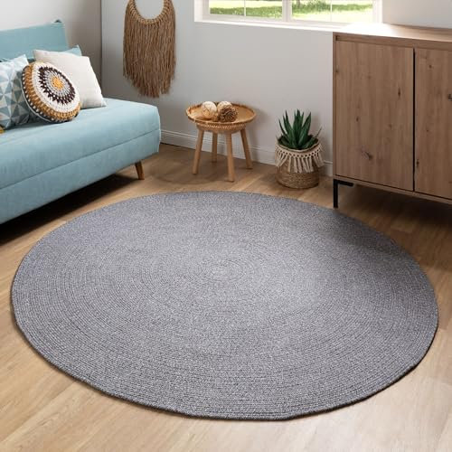 Steffensmeier Handweb Teppich Bali | 100% Baumwolle, Grau meliert, handgefertigt, Größe: Ø 100 cm | Flur, Eingangsbereich, Wohnzimmer