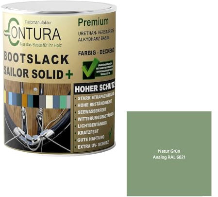 Contura Bootslack Farbig SEIDENMATT Yacht- Buntlack Metall Holz GFK Holzlack Boot Farblos (Natur Grün - RAL 6021 Analog, 500ml.)