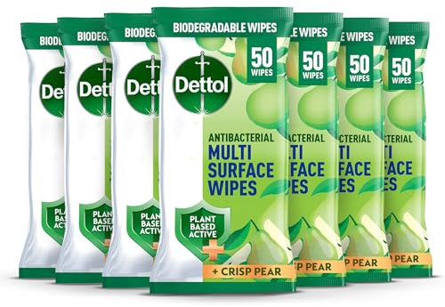 Dettol Antibacterial Multi Surface Cleaning Wipes, Crisp Pear, 50 Pack (7 x 50, Total 350 Wipes) Biodegradable, Plant-Based Active Ingredients, Household Disinfectant, Kills 99.9 Percent of Germs