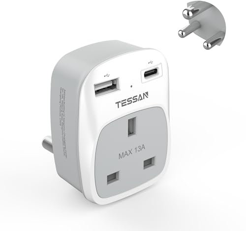 UK to South Africa Plug Adapter, TESSAN South Africa Power Adapter with 2 USB (1 USB C), Grounded Type M Plug, UK to SA Adaptor for Namibia, Swaziland, Lesotho, Bhutan