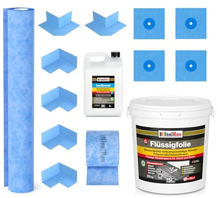 Isolbau Dichtset - Inkl. 1x Flüssigfolie (20 kg), 1x IsoGrund (5 L), 1x Dichtband (15 m), 1x Dichtbahn (3 m), 4x Innenecken, 2x Außenecken & 4x Manschetten - MPA