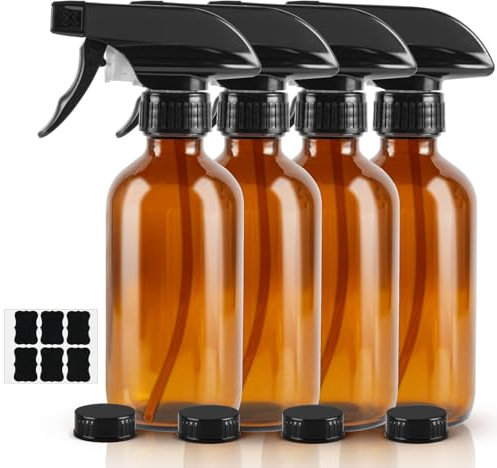 HOTUT 500ml Amber Glass Spray Bottle for Cleaning, Mist Water Spray Bottle for Hair, Essential Oils, Plant, 4 Pcs Refillable Empty Gardening Atomizer, Adjustable Trigger Sprayer Spray Stream Settings