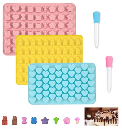 Realjoy 3 Pièces Moules à Bonbons En Silicone vec 2 Compte-Gouttes,Réutilisable Moule Ourson Silicone Gummies avec 11 Formes Mignonnes pour le Chocolat DIY, les Glaçons, les Biscuits, la Gelée