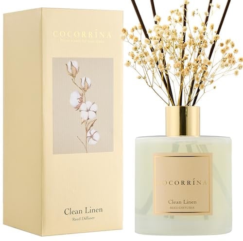 COCORRÍNA Reed Diffuser - Clean Linen 17 Fl.oz with 8 Sticks Scented Diffuser with Preserved Flowers for Bathroom Home Decor