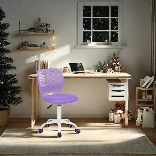 FurnitureR Silla de Trabajo para Adolescentes y niñas, giratoria de 360 Grados, Baja y Media, de Malla de Polipropileno, Asiento Trasero, Altura Ajustable, Ruedas rodantes, Tela Morada
