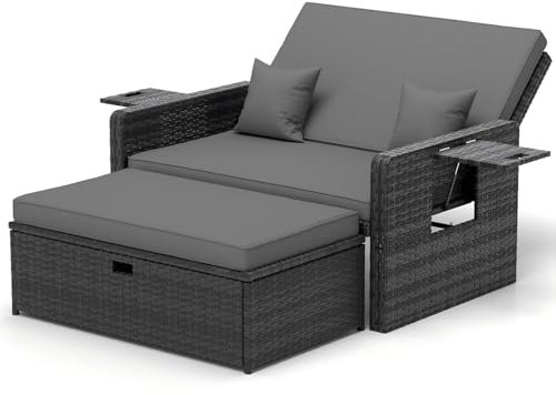 UDPATIO Rattan Lounge Möbel Outdoor, Lounge Balkonmöbel Gartensofa mit Hocker,Rattan Sofa mit Stauraum, Verstellbares 2 Sitzer Garten-Bett für Terrasse,Balkon,Garten,Grau-meliert & Dunkelgraue Bezüge
