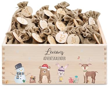 wunderwunsch® - Personalisierter Adventskalender zum selber befüllen - Adventskiste Holz mit kinderfreundlichem Druck - mit Juteschnur Jutesäckchen und Holzzahlen (klein | 30x20x13cm)