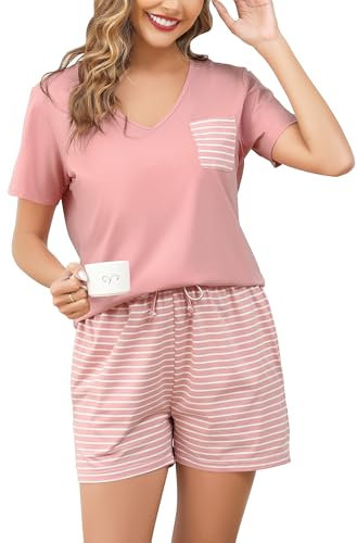 Vlazom Pyjama Femmes Coton Ete Courte Ensembles de Pyjam à Manches Courtes Vêtements de Nuit Bas de Pyjama à Rayures，Rose Foncé，L