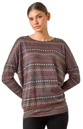 Roman Originals Blouson Top for Women UK Ladies Drop Shoulder Long Sleeve Jersey Stretchy Oversized Casual Office Jumper Soft Everyday Sweater Lounge Sweatshirt Blouses - Navy Multi - Size 12
