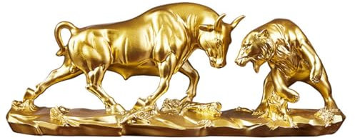 Pevfeciy Wall Street Bull & Bear Schlacht Harz Statue Abstrakte Figur-Bull Bear Fight Financial Broker Geschenk repräsentiert viel Glück der Karriere und Reichtum,Gold,L