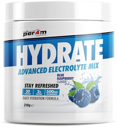 Per4m Hydrate Electrolyte Mix Powder | 500mg Cocomineral to Replenish Essential Electrolytes | Muscle Function, Cardiovascular Health, Neurological Support | 210g (Blue Raspberry)