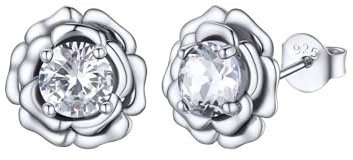 FOCALOOK Orecchini da donna in argento 925 a forma di rosa con finto diamante, orecchini con pietra di nascita di aprile, Argento sterling Oro bianco