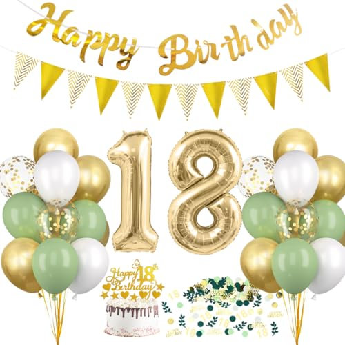 HUKUMA 18 Geburtstag Deko, Salbeigrüne Deko 18.Geburtstag Mädchen Junge,18er Geburtstagdeko Luftballon mit Girlande Grün Weiß Gold,Tortendeko Avocado Grüne Konfetti Ballon für Geschenk