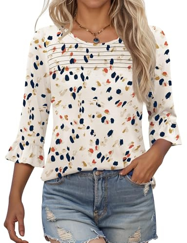 Kistore Womens Tops Summer 3/4 Sleeve Crew Neck Blouses Pleated Shirts | Summer Tops for Women UK,3/4 Sleeve Tops for Women UK,Tunic Tops for Women UK