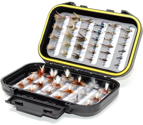 50 Premium Hand Tied Fly Fishing Flies Assortment | Fly Box Included | Dry, Wet, Nymphs, Streamers, Wooly Buggers, Terrestrials | Trout, Bass Lure Set, Kit