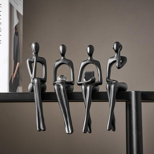 FJSPERM Schwarze Denker Statuen Home Decorations für Wohnzimmer, 4Pcs Regal Dekor Akzente, Moderne Abstrakte Kunst Skulpturen für Couchtisch TV Schrank Schreibtisch Bücherregal Deko