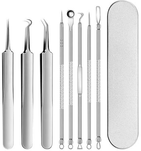 Anluomania 8 Stück Mitesserentferner Set, Porenreiniger, Pickel Ausdrücken Werkzeug, Edelstahl Akne Mitesser Entferner mit Box, Komedonenquetscher, Blackhead Remover für Nasen Gesichtspflege