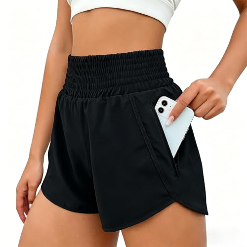 JiaYouLC Womens 2 in 1 Running Shorts with One Side Pockets Double Layer Quick Drying Lightweight Activewear Shorts for Workout Sport Training Jogging Gym (UK, Alpha, M, Regular, Regular, Black)
