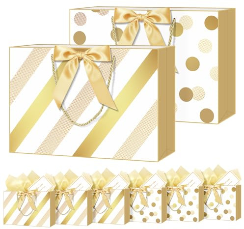 NADSSJL 6 Pcs Medium Gift Bags for Present - Birthday Gift Bag with Wrappers and Cards, Party Bags with Handles for Weddings, Birthdays, Parties, Valentine's Day and Christmas (Gold)