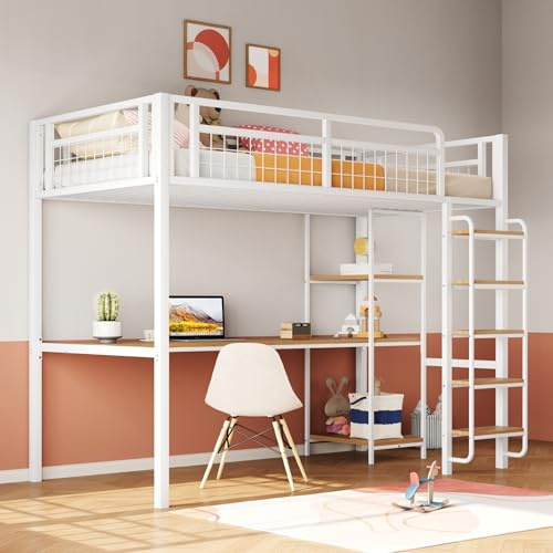 90 * 200 cm, Metall-Hochbett, Sicherheitsleiter mit Treppenstufen, Einzelbett, Kinderbett mit Tisch und Regalen, Metallgitter-Sicherheitszaun, Weiß