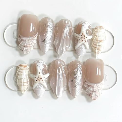 Xanthelle Press On Nails, 30 Pieces Summer Beach Nails Almond Medium, French Tip False Nails with 3D Pearl Seashell & Starfish Design, Summer Press On Nails for Women