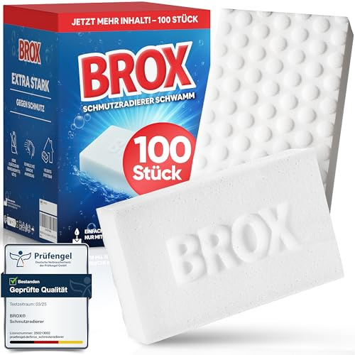 BROX Schmutzradierer, Weiß, 100 Schwämme | Radierschwamm für Küche, Bad, Schuhe, Auto, robuster Zauberschwamm, Magic Eraser Schwamm für alle Arten von Flecken