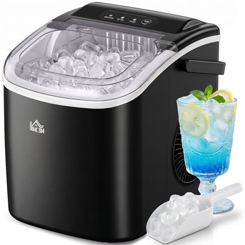HOMCOM Machine à glaçons, 12kg en 24h, 9 glaçons en 6-12 minutes, ice maker portable avec poignée, panier et pelle, machine à glaçons pour maison, cuisine, bureau, bar, noir