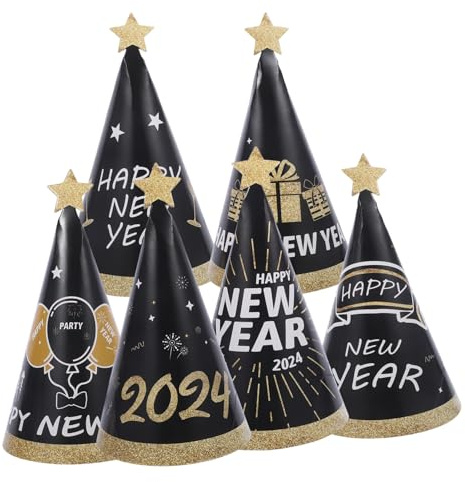 FONDOTIN 6 Stück 6-teiliges Neujahrs-Papierhüte in Schwarz und Gold Partyhüte Leichte Papierkegel für Silvester Feier Fotorequisiten
