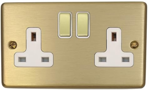 G&H CSB210 Standard Plate Satin Brushed Brass 2 Gang Double 13A Switched Plug Socket