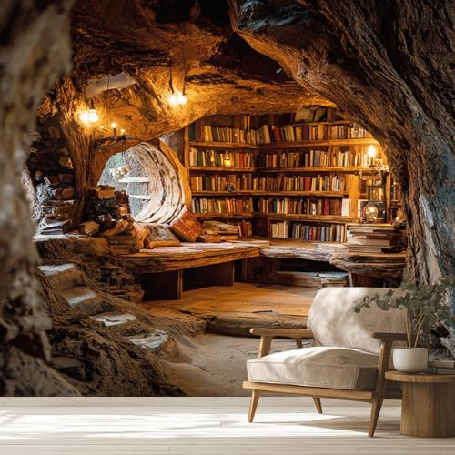 Bücherregal Tapete Mit Bibliothek Bücher Fantasy 3D Muster Fototapete Vliestapete Innen Wohnzimmer Küche Schlafzimmer, Bücherregal Wand Decor Poster Tapeten, 350x256 cm