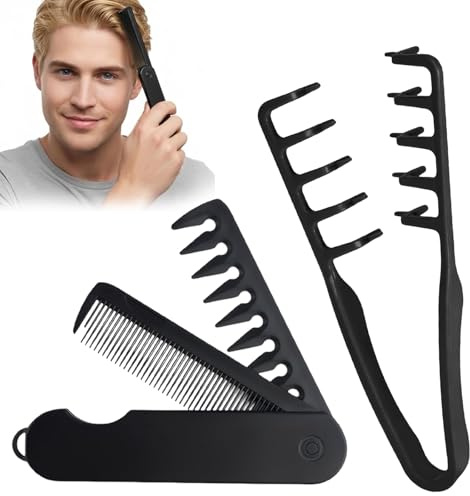 MYZWEL Pettine Volumizzante Capelli Uomo, Set 2 Pezzi con Pettine a Denti Larghi Pieghevole e Pettine a Pinza per Texture e Volume Radici, Ideale per Capelli Ricci e Mossi, Nero