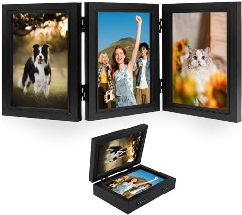 Lunyloer Bilderrahmen 3 Bilder, 12x17 cm Bilderrahmen Collage Holz | Fotorahmen klappbarer Standfuß für Tischaufsteller oder Geschenke(Schwarz)