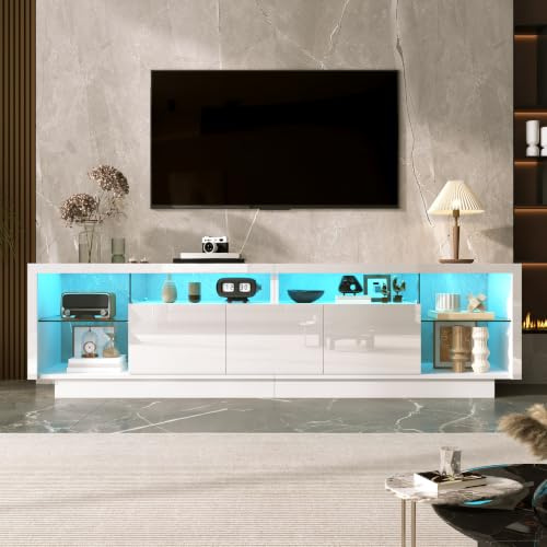 Ktipm Mueble TV 200cm Moderno de hasta 80 Pulgadas, LED y Estante Cristal | Mueble Television con 3 Puertas y Compartimentos Abiertos, Muebles de Salon Muebles TV Salon, 200x38x55 cm, Blanco