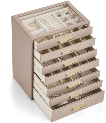 VLANDO Schmuckkästchen mit 7 Ebenen, Schmuckkasten, Schmuckaufbewahrung, Schmuck Organizer mit Glasdeckel,für Halsketten, Ohrringe, Uhren, Armbänder, Modern,Milchkaffee