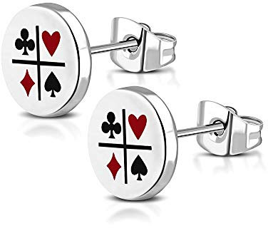 BlackAmazement 2er Set Ohrstecker 316L Edelstahl Poker Karten Farben Zocker Lucky 8mm Silber Herren