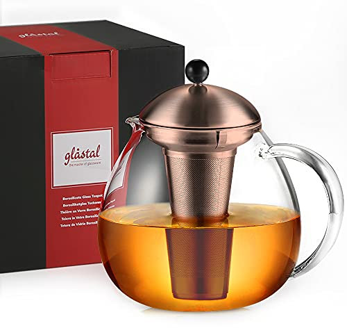 glastal Glas Bronze Teekanne 1500ml mit 18/8 Edelstahl Teesieb Borosilicate Glas Teebereiter Glaskanne Geeignet für Teewarmer