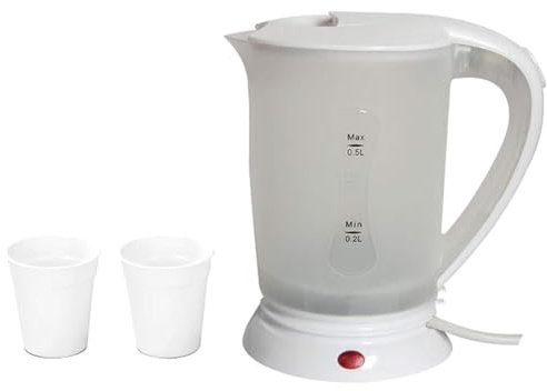 LUXFAB® New 0.5LITRE Dual Voltage Small Electric Travel Kettle in White Colour + 2 Cups (White, 1)
