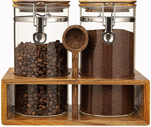 Yangbaga Modern Minimalist 2 Pack 45oz Airtight Borosilicate Glass Coffee Canister Storage Station Organizer with Leakproof Lids and Log Coffee Scoop
