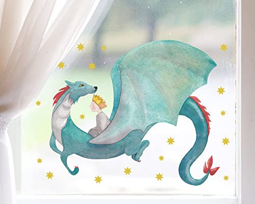 TinyFoxes Fensterbild Drache und kleiner König - selbstklebend und wiederverwendbar - Fensterbild - märchenhafte Motive für das Kinderzimmer - handgemalt von Kristin Kranke-