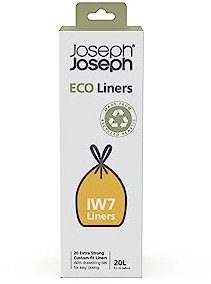 Joseph Joseph Eco Liners IW7 Eco Recycled plastic Bin Liners, Kitchen Waste Bags With Tie Tape Drawstring Handles, Extra Strong – Pack of 20, Holds 20 Litres, Grey