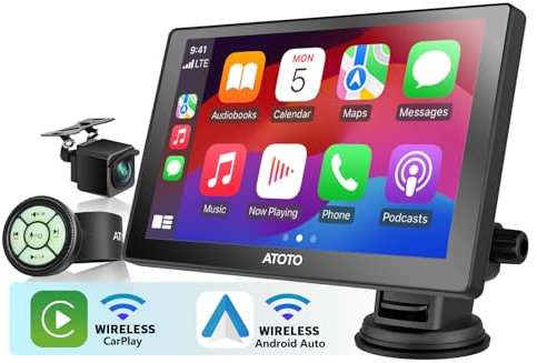ATOTO P8 Portatile Autoradio con Carplay wireless, Android Auto Senza Fili, QLED da 7'' Schermo touch, telecamera di retromarcia in Full HD, Telecomando, Luminosità Adattiva con WDR, P807SD-RC