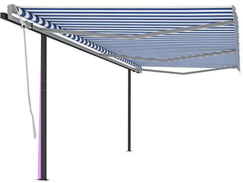 Gelenkarmmarkise Standmarkise mit Eisenpfosten Gartenmarkise Einziehbar Markise mit Handkurbel Sonnenmarkise Balkonmarkise Sonnenschutz, 6x3,5 m Blau & Weiß